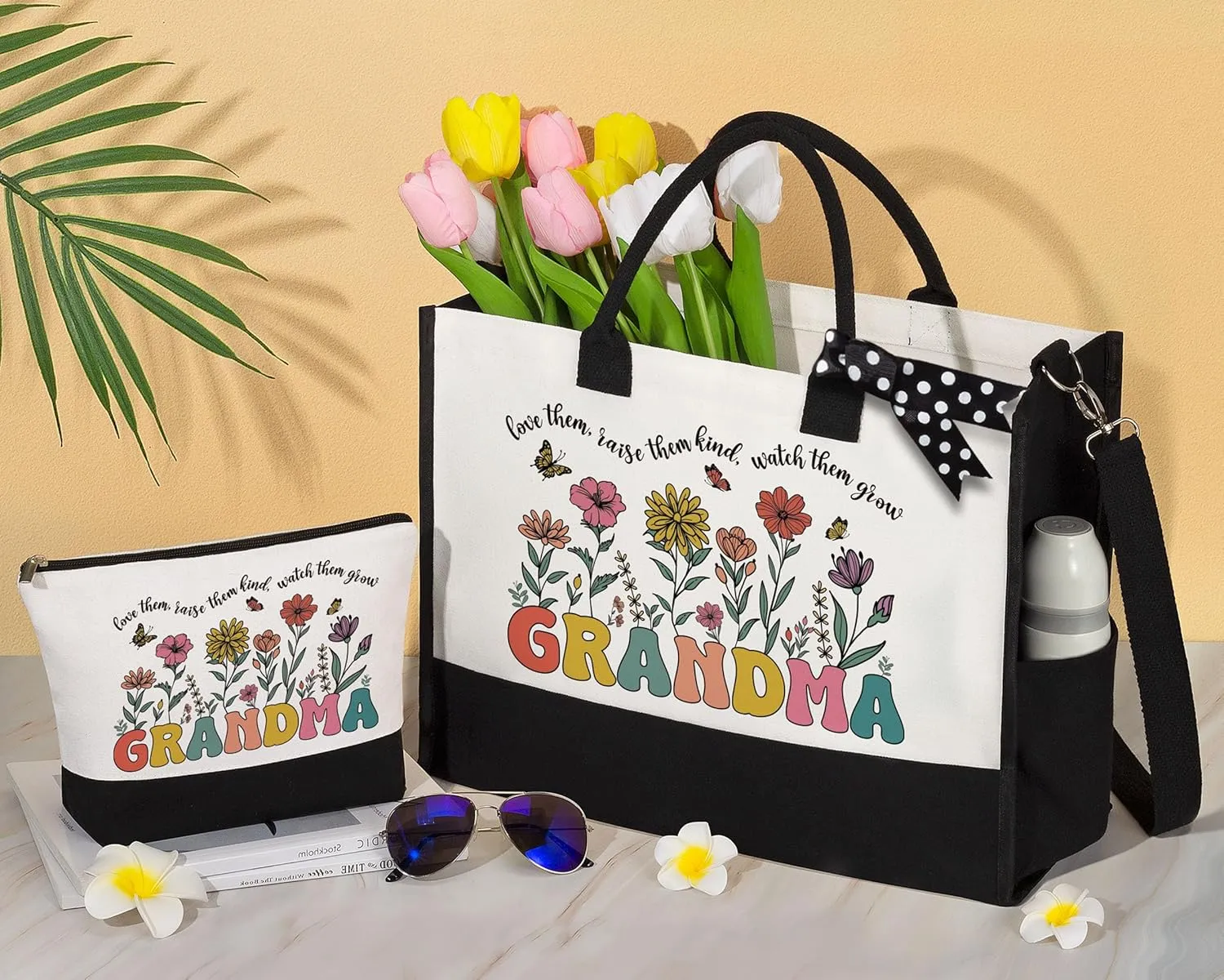 MAYICIVO Grandma Gifts: Canvas Tote Bag & Makeup Bag Set for Grandma, Nana, Gigi, Mimi from Grandkids, Granddaughter, Grandson - Black, 17.3" x 6.3" x 13.4" - Women-Older (Grandmothers) - Female