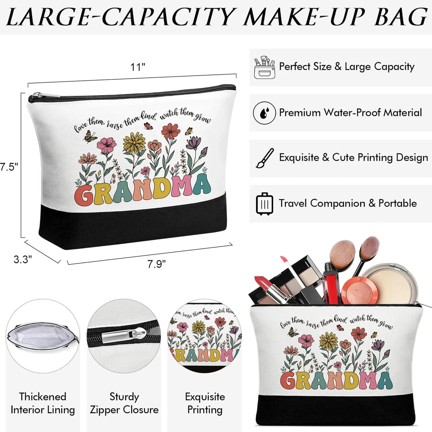 MAYICIVO Grandma Gifts: Canvas Tote Bag & Makeup Bag Set for Grandma, Nana, Gigi, Mimi from Grandkids, Granddaughter, Grandson - Black, 17.3" x 6.3" x 13.4" - Women-Older (Grandmothers) - Female