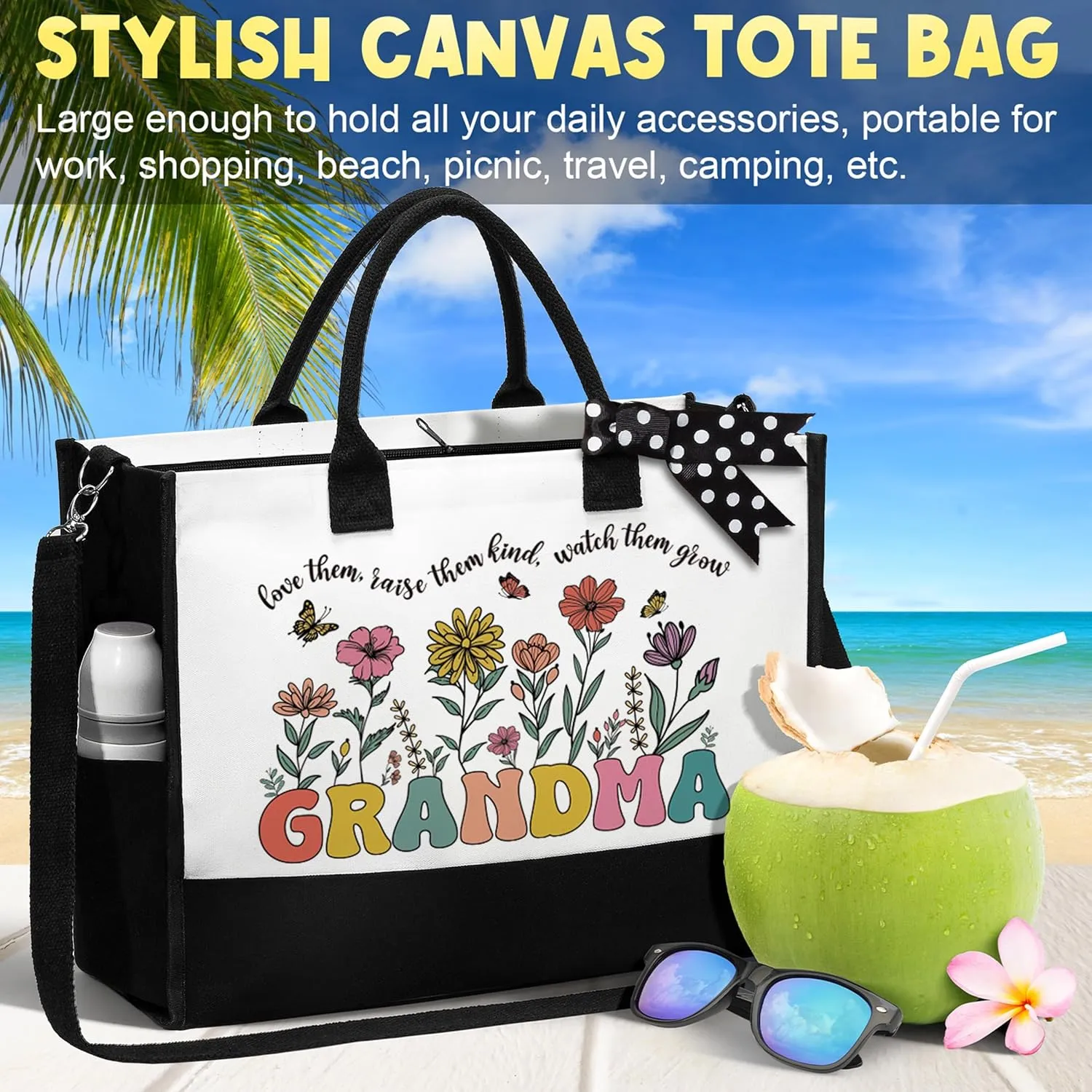MAYICIVO Grandma Gifts: Canvas Tote Bag & Makeup Bag Set for Grandma, Nana, Gigi, Mimi from Grandkids, Granddaughter, Grandson - Black, 17.3" x 6.3" x 13.4" - Women-Older (Grandmothers) - Female