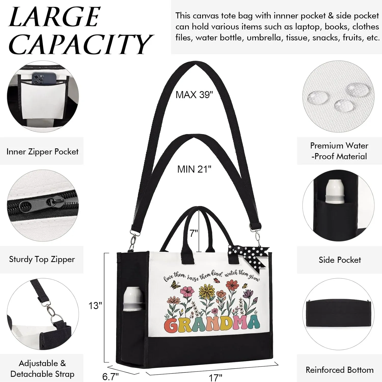 MAYICIVO Grandma Gifts: Canvas Tote Bag & Makeup Bag Set for Grandma, Nana, Gigi, Mimi from Grandkids, Granddaughter, Grandson - Black, 17.3" x 6.3" x 13.4" - Women-Older (Grandmothers) - Female