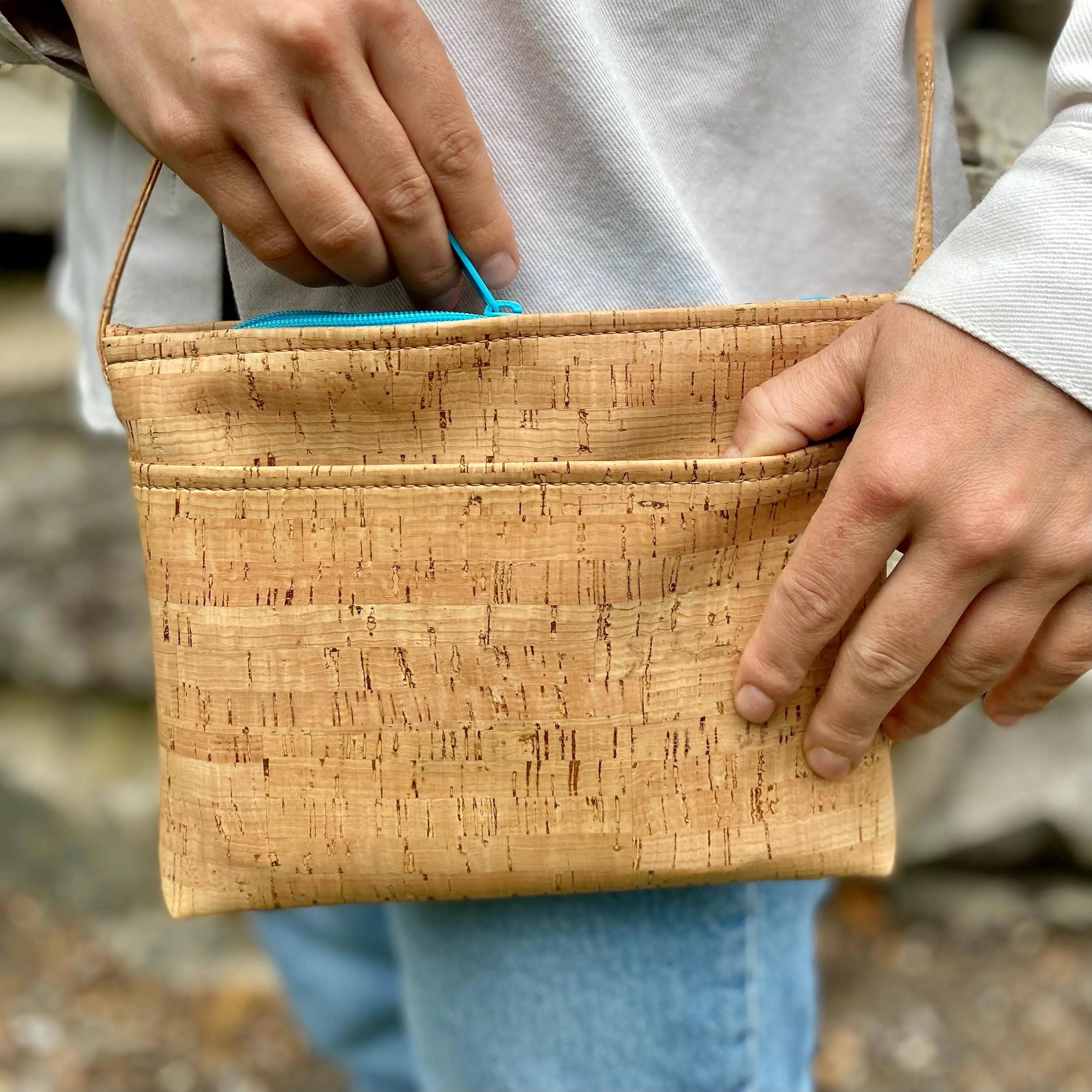 Medium Cork Zip Top Cross Body Bag | with Colorful Zippers
