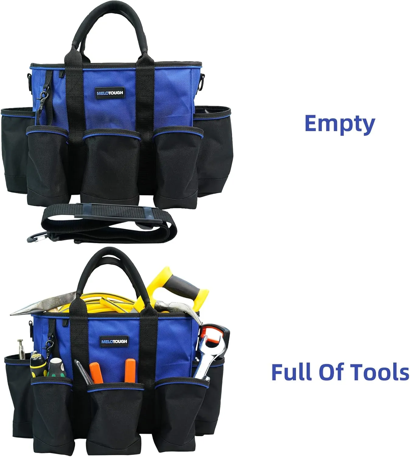 Melo Tough 14 inch Supply bag Open Top Tote tool bag Tool Organizer bag with shoulder strap for Cleaner, Contractor, HVAC (Bule)