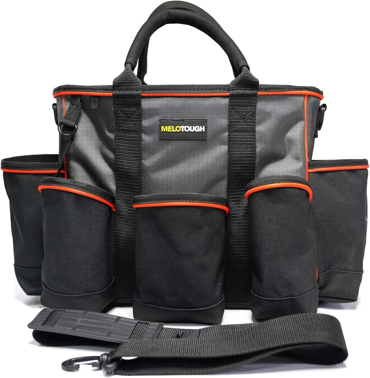 MELOTOUGH 14 inch Supply bag Open Top Tote tool bag Tool Organizer bag with shoulder strap for Cleaner, Contractor, HVAC (Gray)