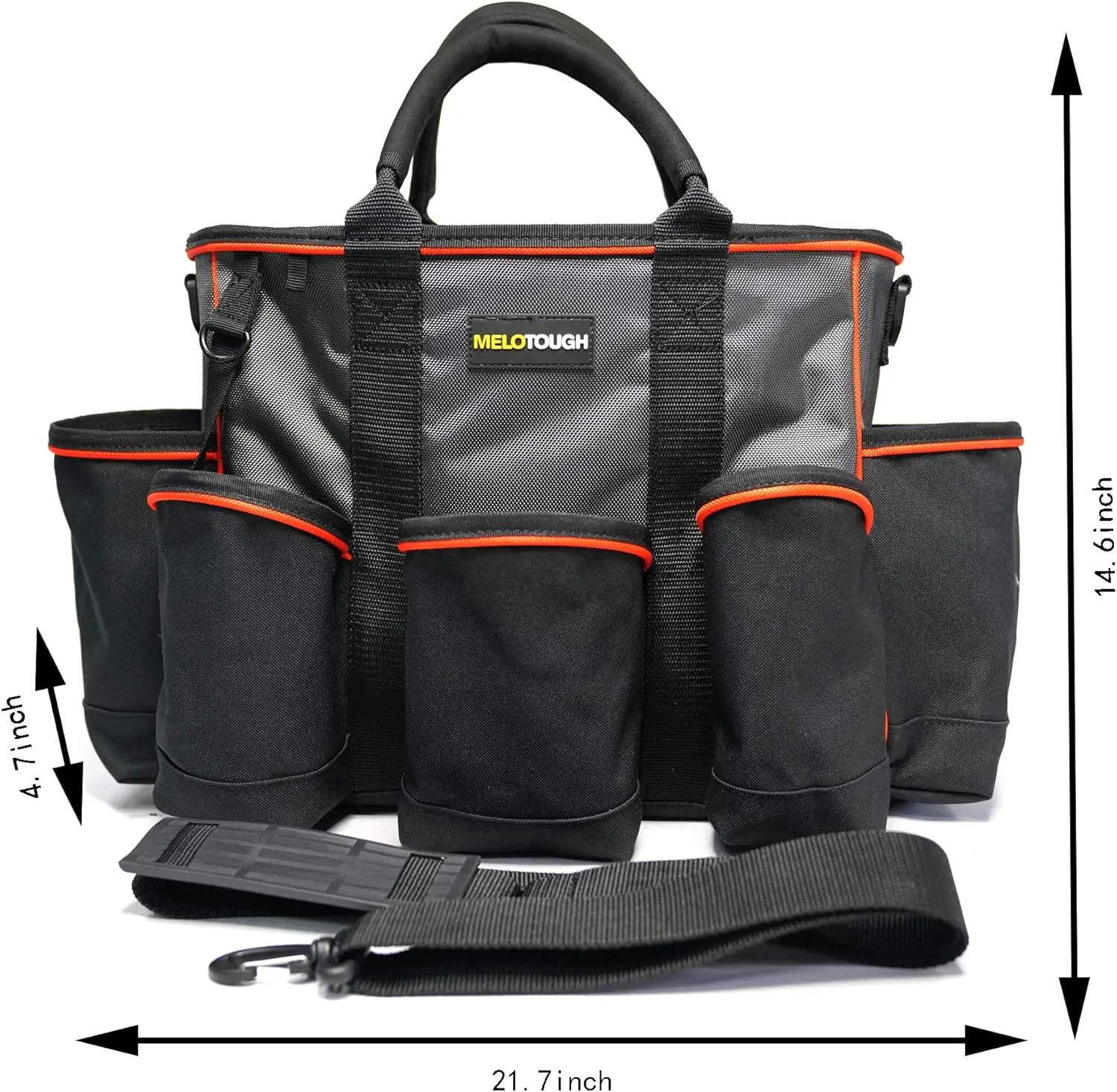 MELOTOUGH 14 inch Supply bag Open Top Tote tool bag Tool Organizer bag with shoulder strap for Cleaner, Contractor, HVAC (Gray)