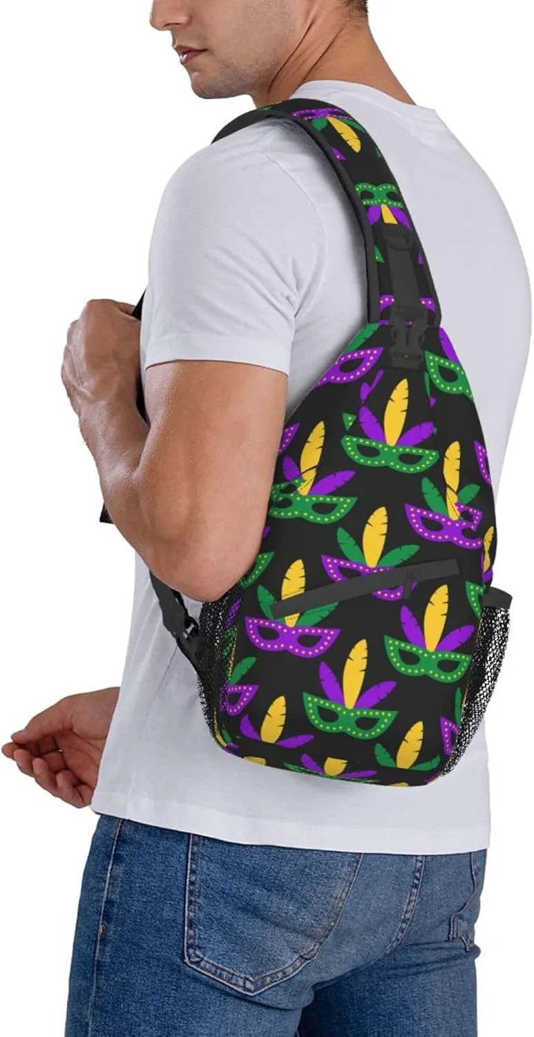 Men & Women Sling Bag Anti-Theft Sling Shoulder Backpack Waterproof Chest Bag With Adjustable Strap Lightweight Sling Bag Chest (Mardi Gras Masks Art)