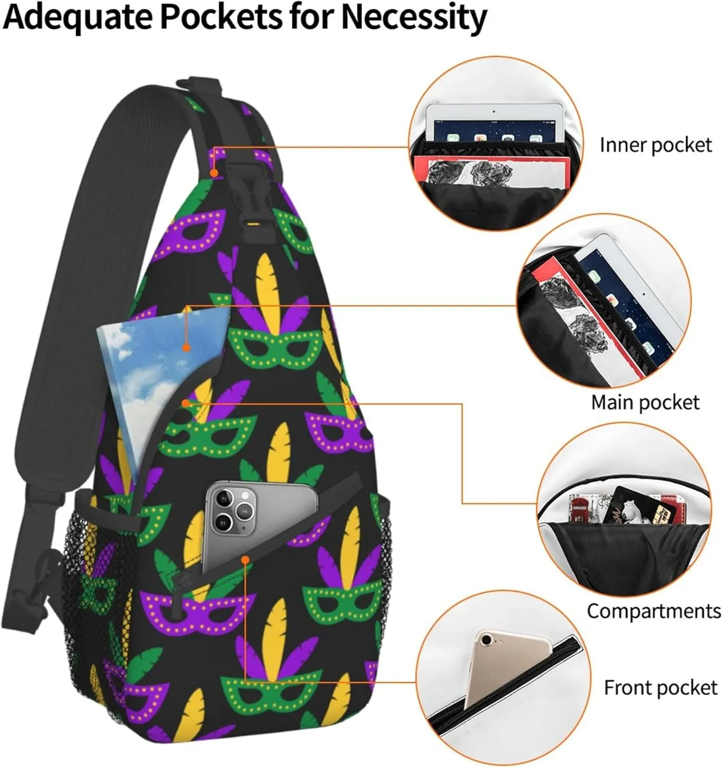 Men & Women Sling Bag Anti-Theft Sling Shoulder Backpack Waterproof Chest Bag With Adjustable Strap Lightweight Sling Bag Chest (Mardi Gras Masks Art)