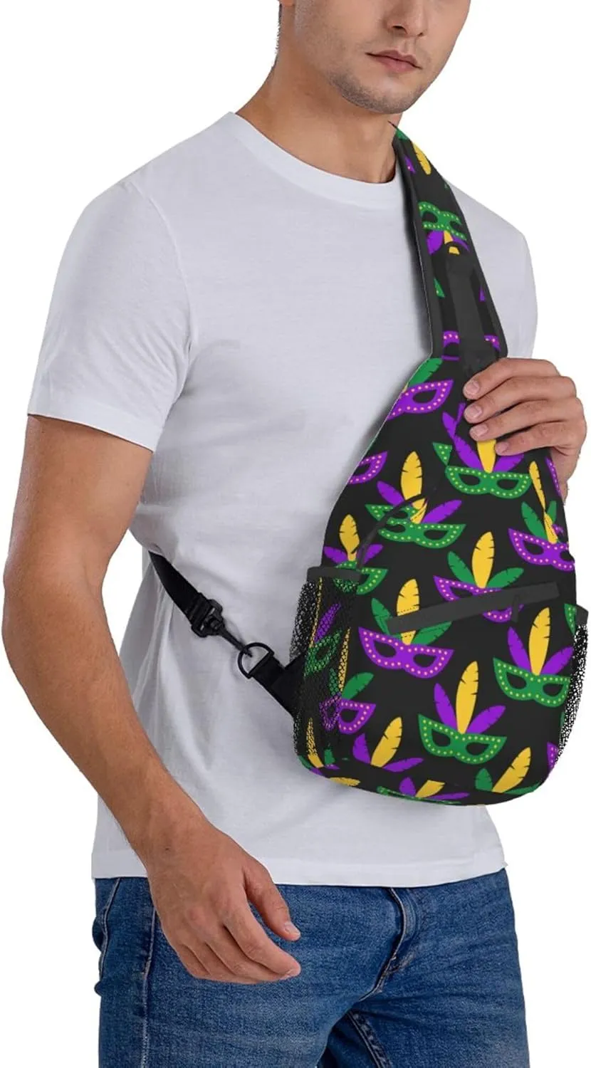 Men & Women Sling Bag Anti-Theft Sling Shoulder Backpack Waterproof Chest Bag With Adjustable Strap Lightweight Sling Bag Chest (Mardi Gras Masks Art)