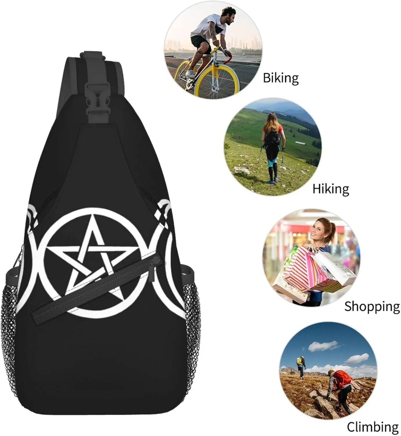 Men's Casual Crossbody Bags for Triple Moon Pentacle Pagan Backpack for Cycling and Travel, Fashion Sling Shoulder Backpack with Zipper Pocket for Hiking Outdoor Activities