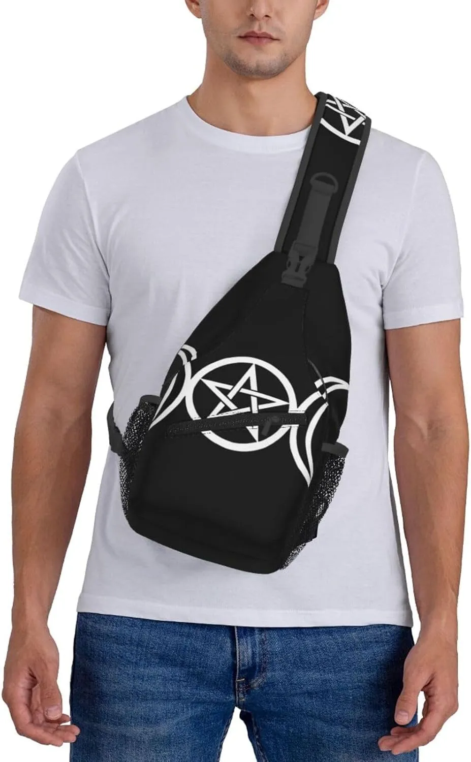 Men's Casual Crossbody Bags for Triple Moon Pentacle Pagan Backpack for Cycling and Travel, Fashion Sling Shoulder Backpack with Zipper Pocket for Hiking Outdoor Activities