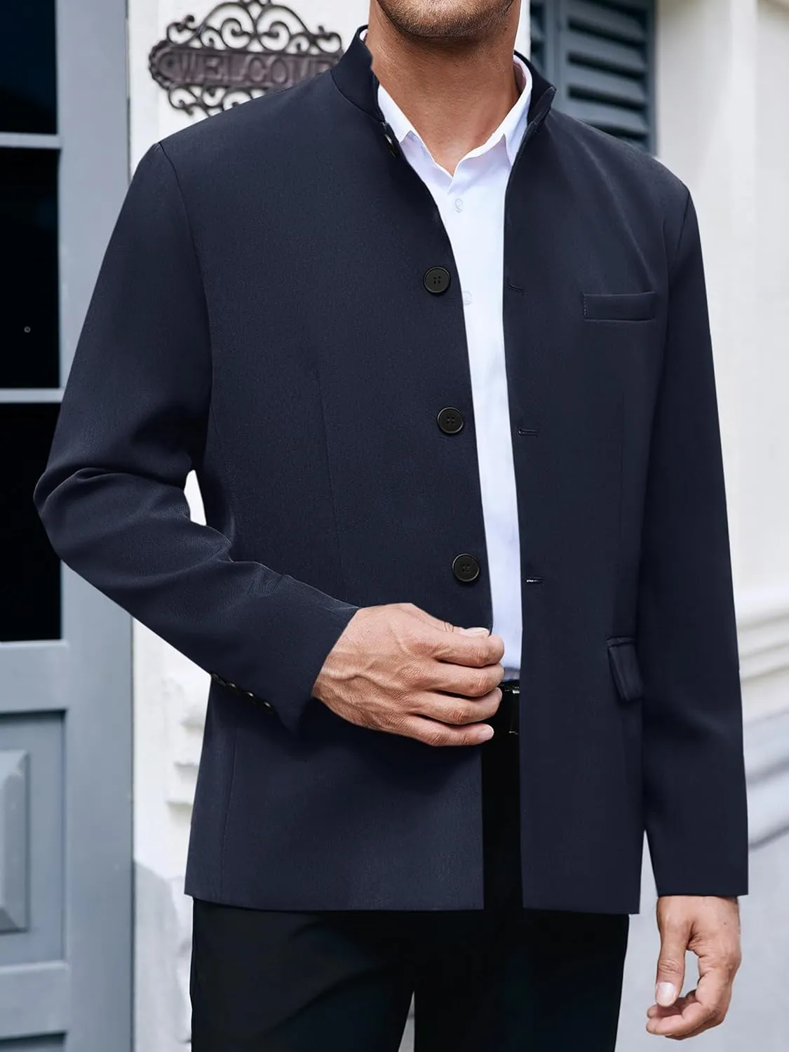 Mens Casual Suit Blazer Jackets Stand Mandarin Collar Lightweight Lined Business Dress Sport Coats