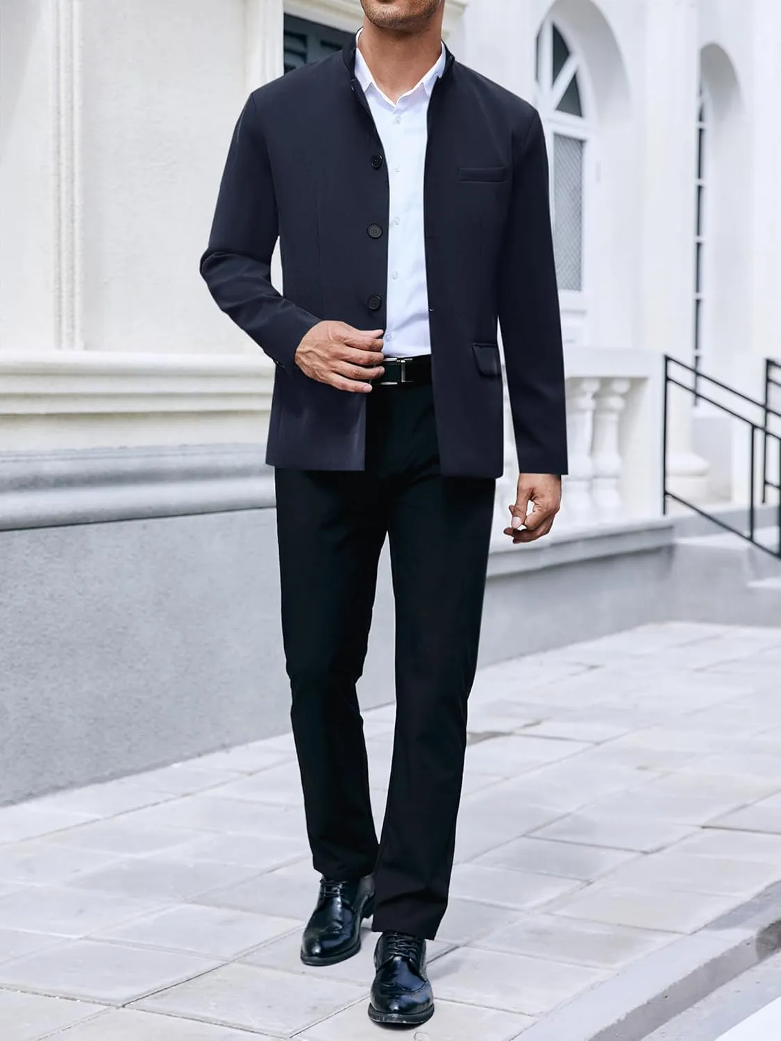 Mens Casual Suit Blazer Jackets Stand Mandarin Collar Lightweight Lined Business Dress Sport Coats