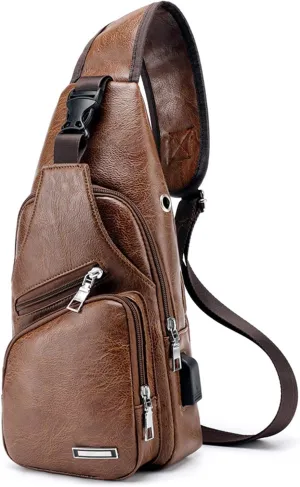 Men's Leather Crossbody Bag - Lightweight Sling Bag with USB Charging Port & 7-Inch Tablet Pocket, Multiple Organizer Compartments - Chest Shoulder Pack for Daily Commute (Brown)