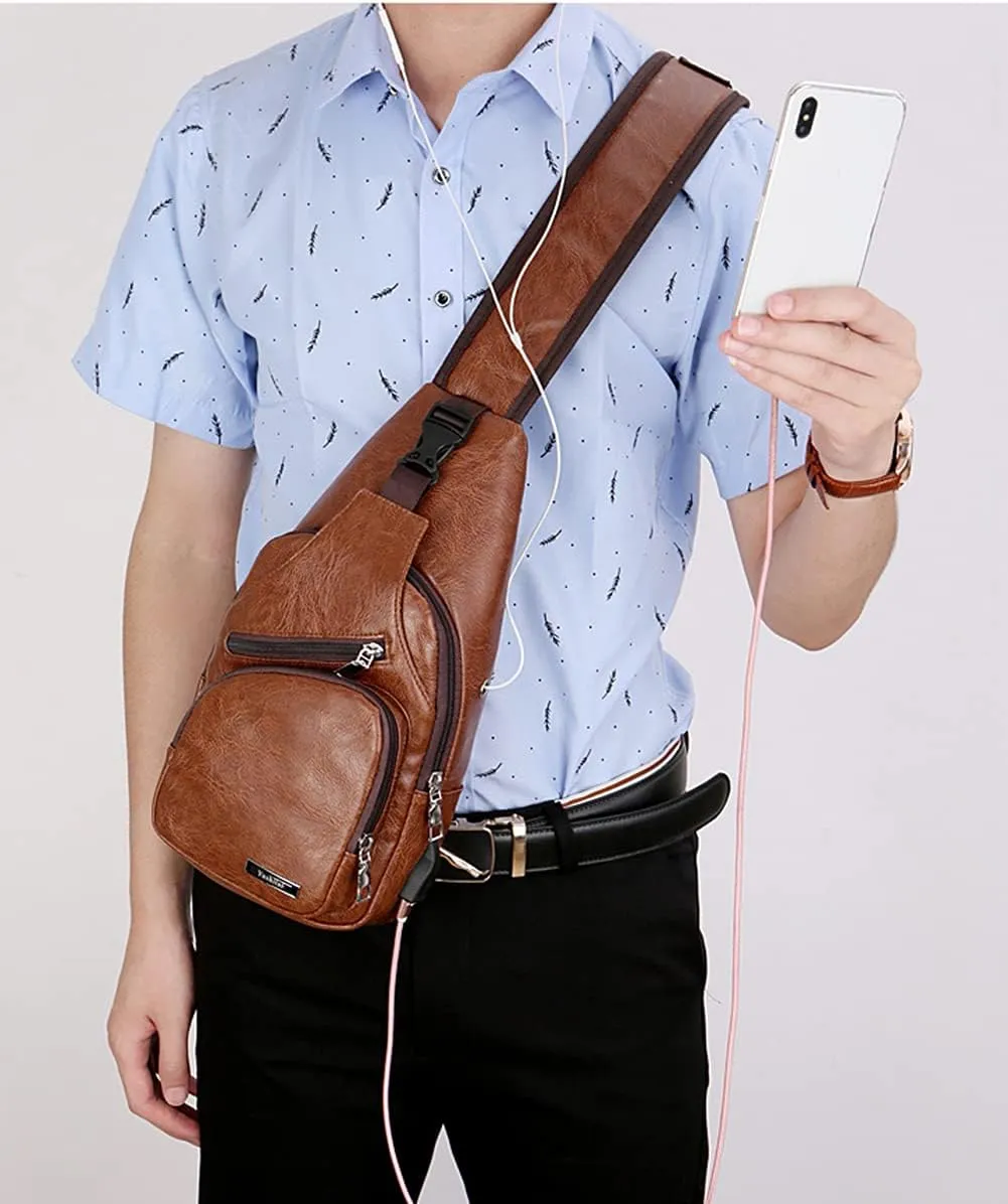 Men's Leather Crossbody Bag - Lightweight Sling Bag with USB Charging Port & 7-Inch Tablet Pocket, Multiple Organizer Compartments - Chest Shoulder Pack for Daily Commute (Brown)