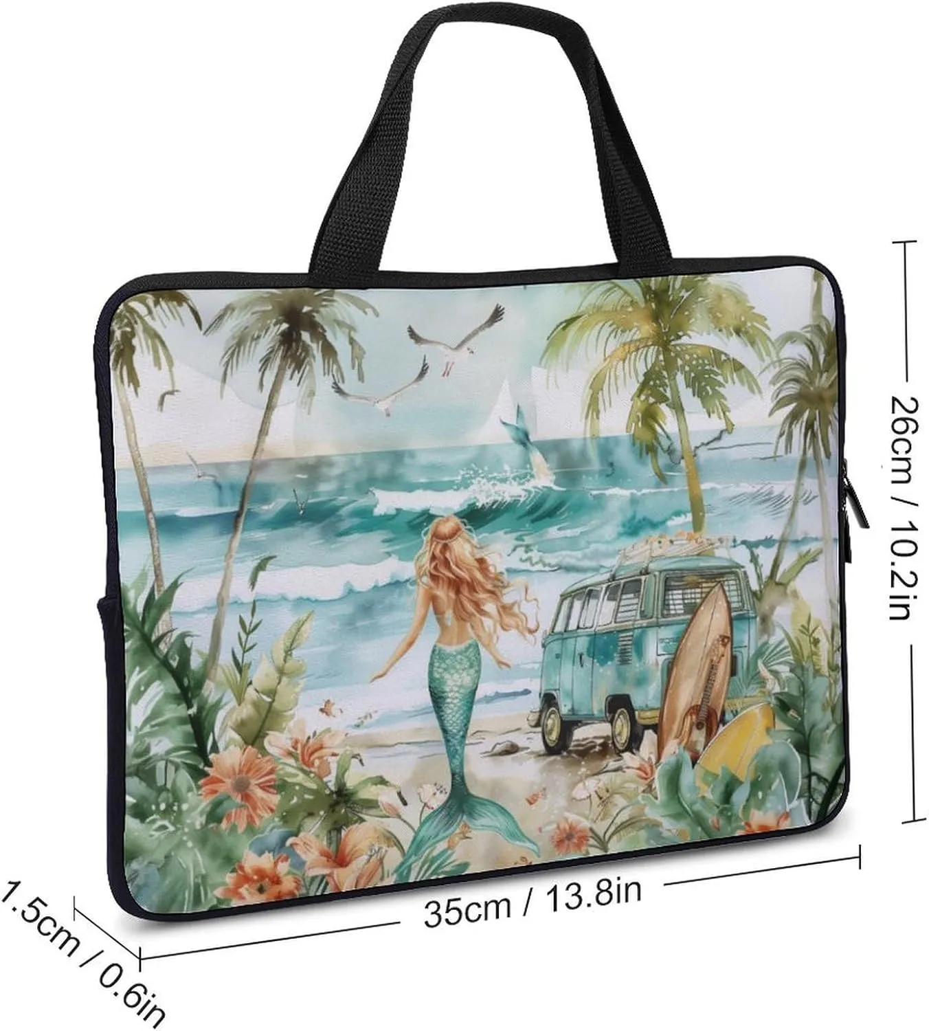 Mermaid Summer Beach Surfboard Laptop Bag Laptop Case Computer Messenger Bag with Adjustable Shoulder Strap