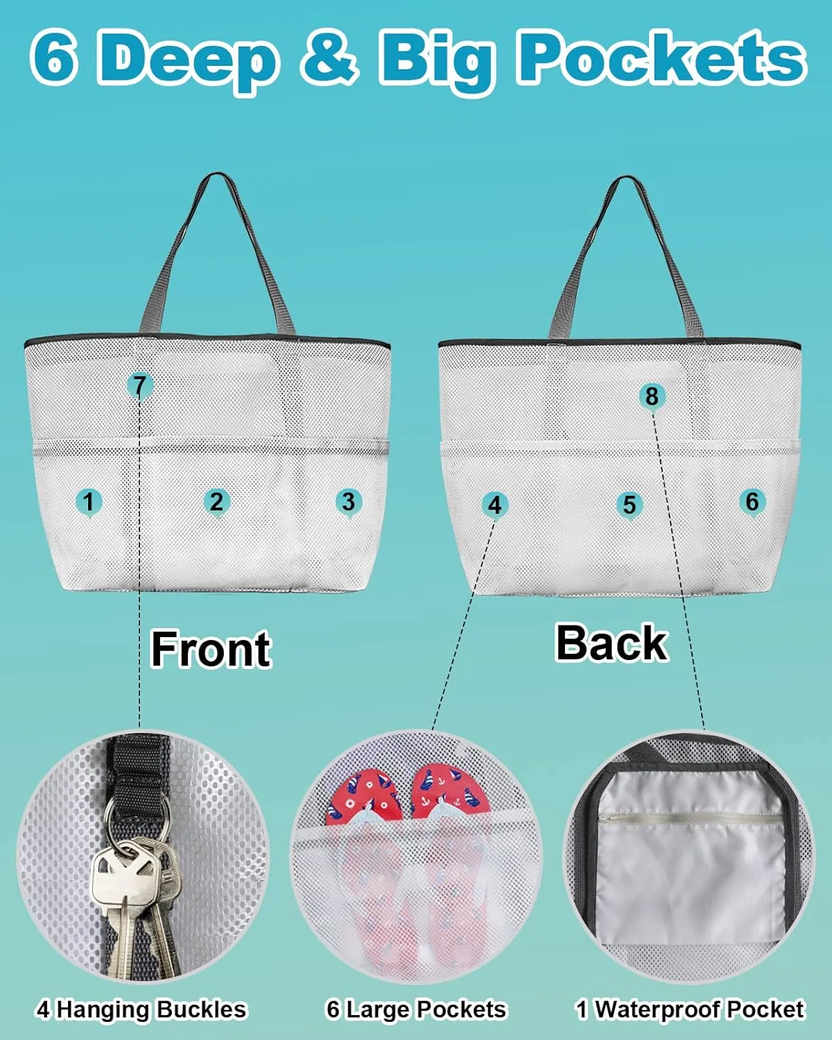 Mesh Beach Bag Oversized Tote Bags for Women Christmas Snowflake Boho Style Travel Pool Bags Toy Tote Bags with 8 Pockets