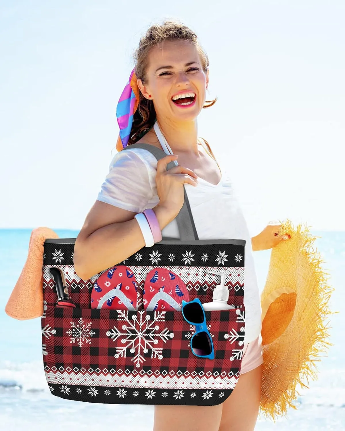 Mesh Beach Bag Oversized Tote Bags for Women Christmas Snowflake Boho Style Travel Pool Bags Toy Tote Bags with 8 Pockets