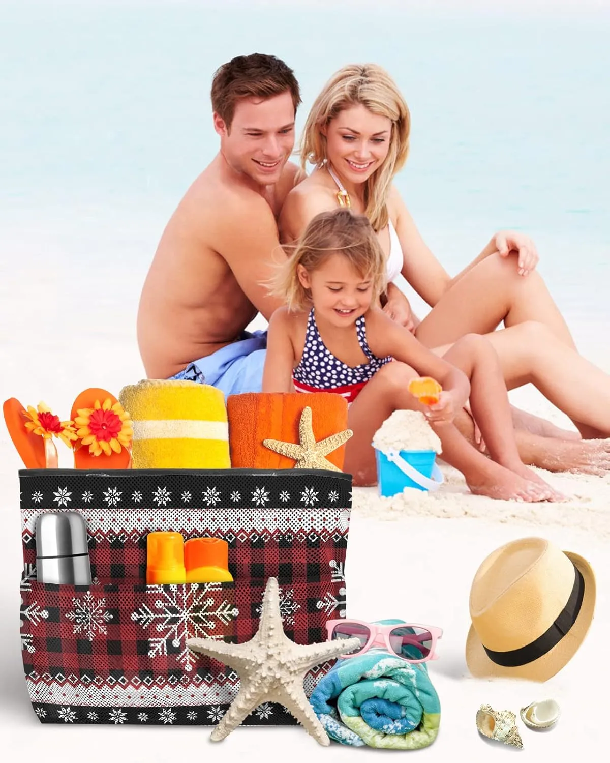 Mesh Beach Bag Oversized Tote Bags for Women Christmas Snowflake Boho Style Travel Pool Bags Toy Tote Bags with 8 Pockets