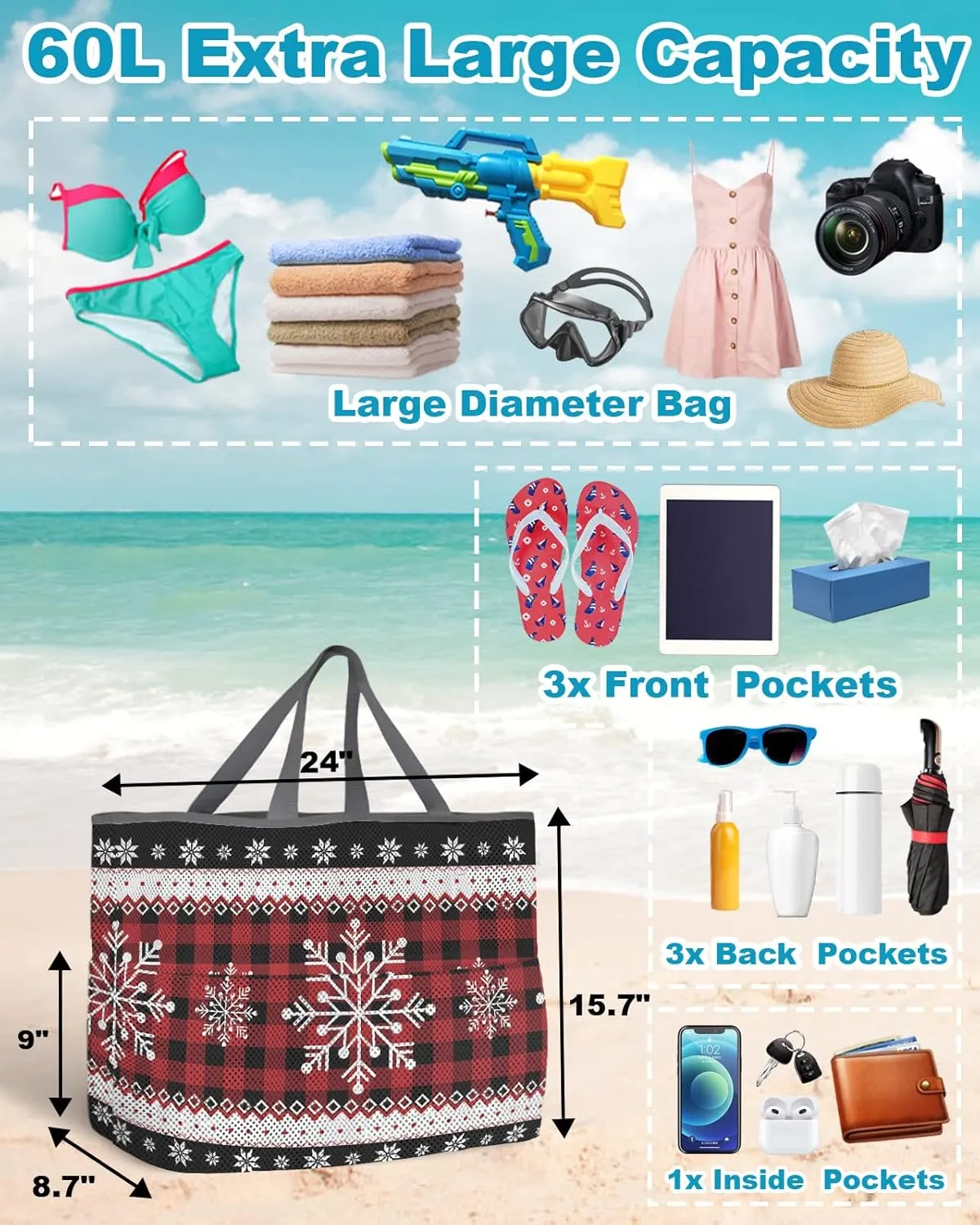 Mesh Beach Bag Oversized Tote Bags for Women Christmas Snowflake Boho Style Travel Pool Bags Toy Tote Bags with 8 Pockets