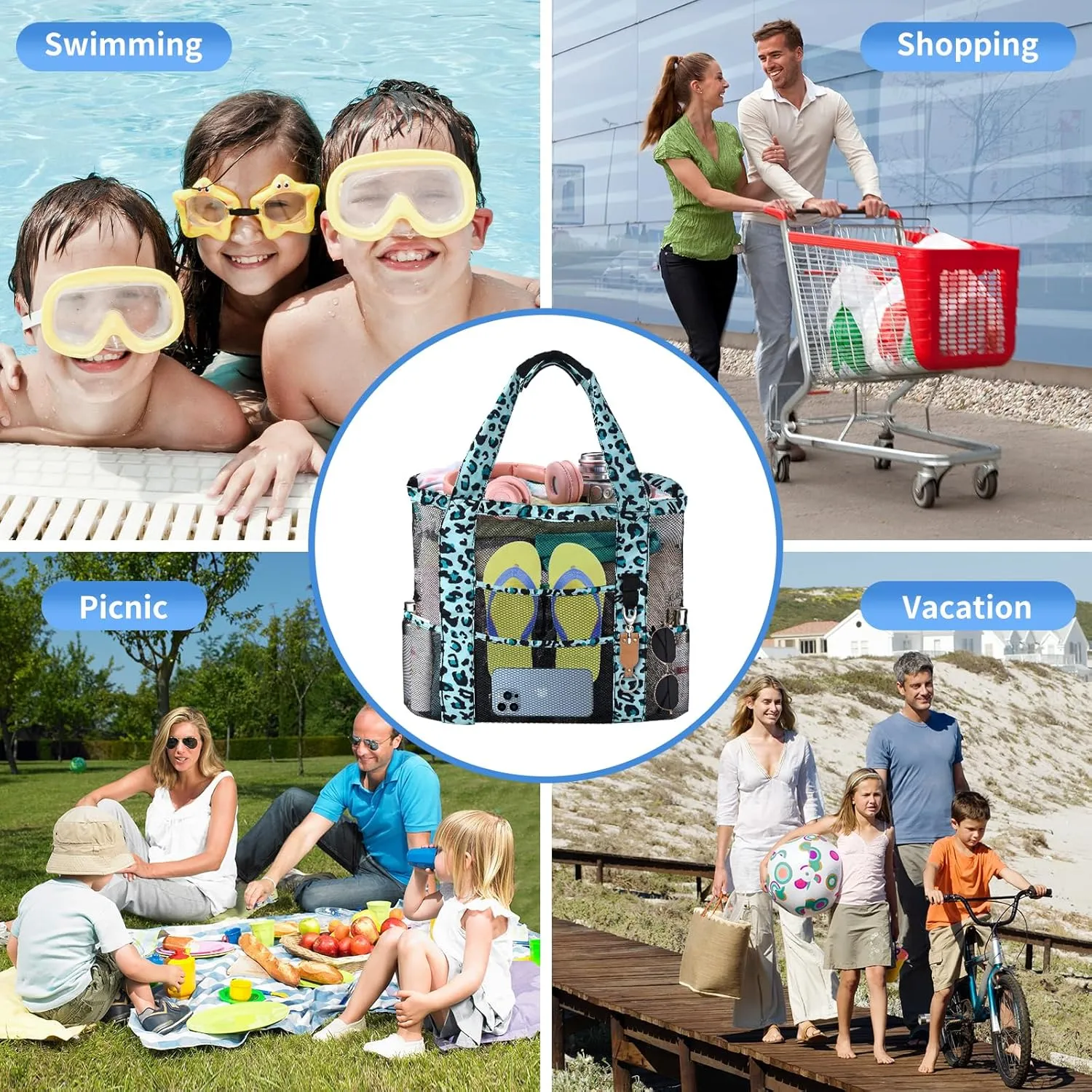 Mesh Beach Tote Bag with Sun Hat for Women, Foldable Multi-Purpose Large Tote Bag