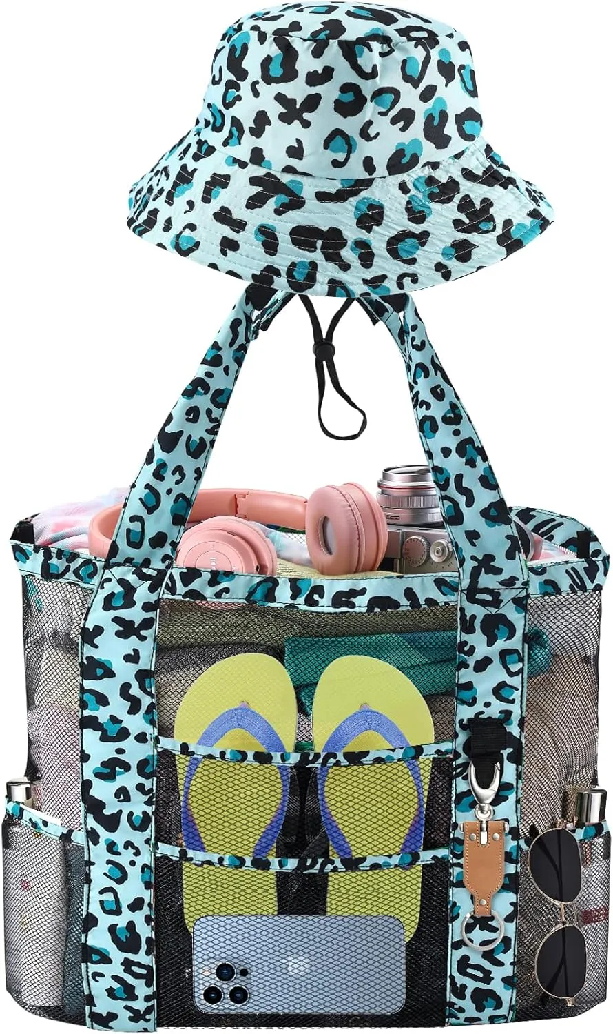 Mesh Beach Tote Bag with Sun Hat for Women, Foldable Multi-Purpose Large Tote Bag