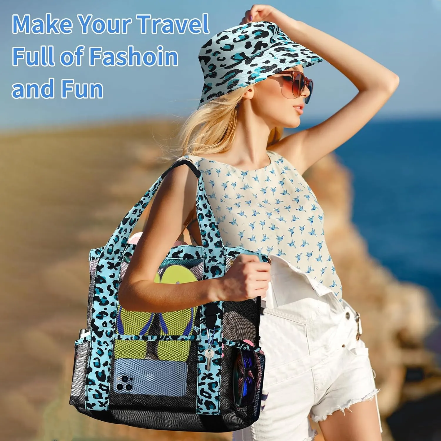 Mesh Beach Tote Bag with Sun Hat for Women, Foldable Multi-Purpose Large Tote Bag