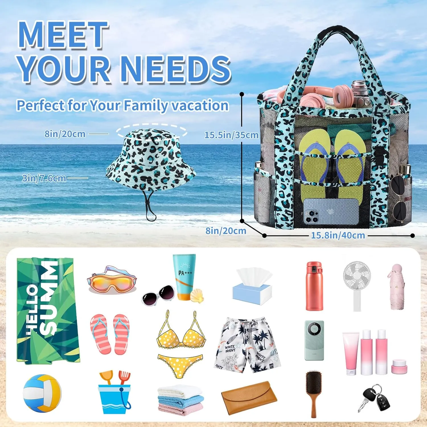 Mesh Beach Tote Bag with Sun Hat for Women, Foldable Multi-Purpose Large Tote Bag
