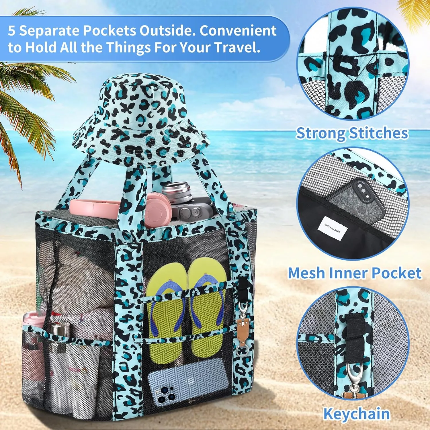 Mesh Beach Tote Bag with Sun Hat for Women, Foldable Multi-Purpose Large Tote Bag