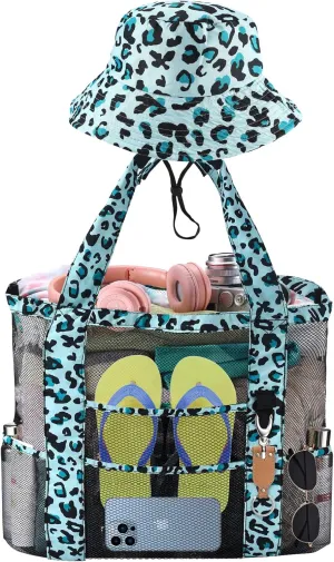 Mesh Beach Tote Bag with Sun Hat for Women, Foldable Multi-Purpose Large Tote Bag