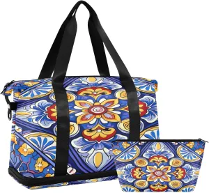 Mexican Ceramic Tile Sports Gym Bag,Travel Duffel bag with Wet Pocket & Shoes Compartment Lightweight Waterproof Overnight Bag for Men Women