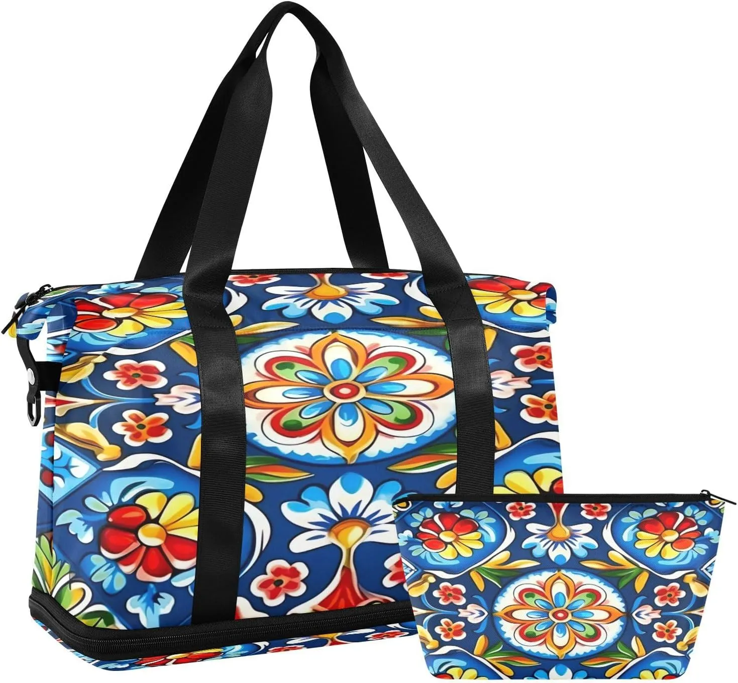 Mexican Floral Ceramic Tile Sports Gym Bag,Travel Duffel bag with Wet Pocket & Shoes Compartment Lightweight Waterproof Overnight Bag for Men Women