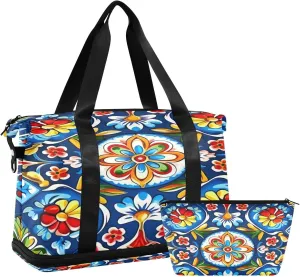 Mexican Floral Ceramic Tile Sports Gym Bag,Travel Duffel bag with Wet Pocket & Shoes Compartment Lightweight Waterproof Overnight Bag for Men Women