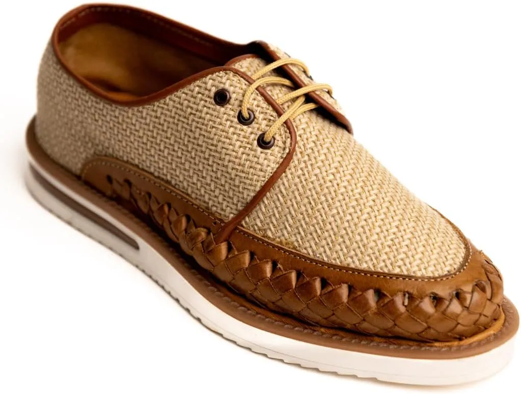 Mexico en la Piel Handmade Leather and Jute Huarache Shoes for Men - Brown Closed-Toe Lace-Up Design with White Polyurethane Sole, Comfortable, Sizes 8-13 US