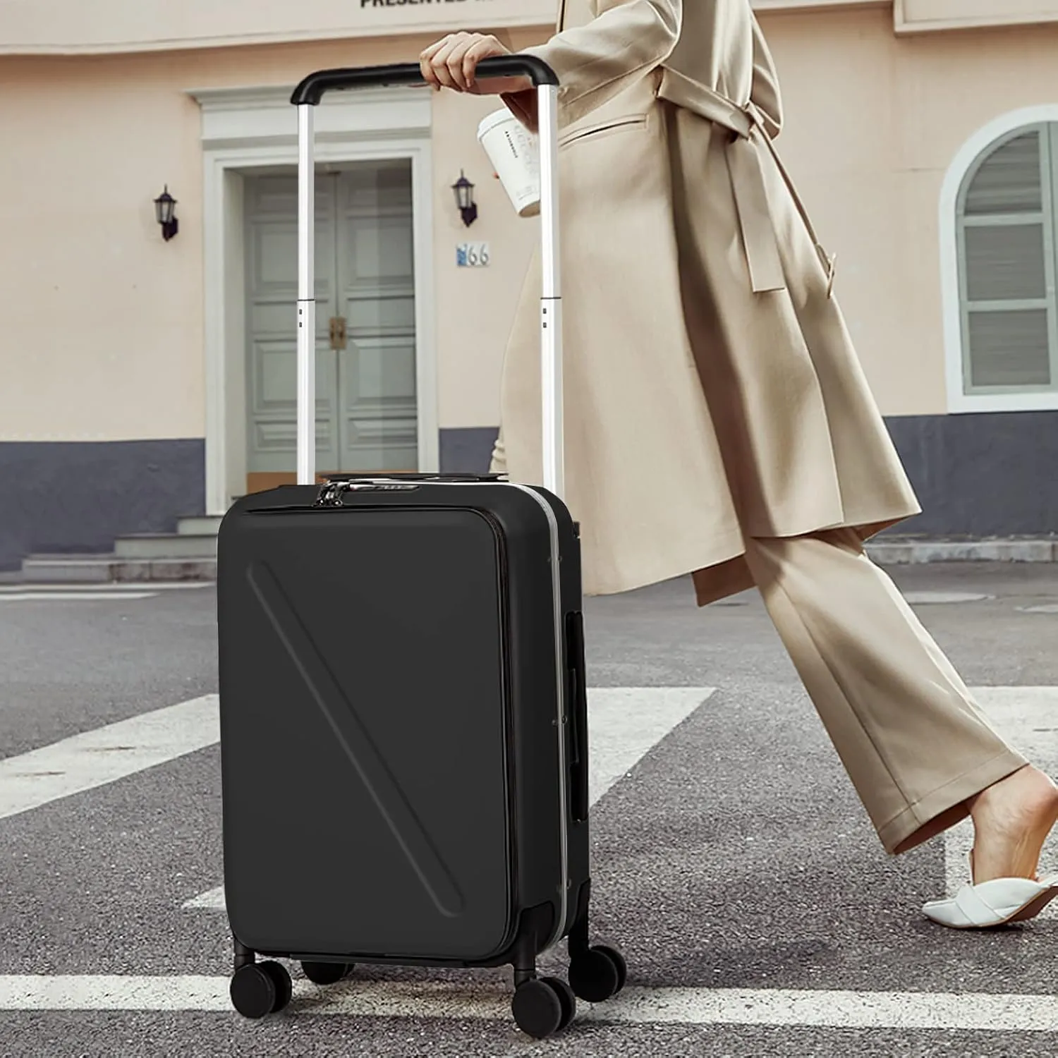 MILADA Luggage Hard Shell Suitcases Airline Approved Carry On Luggage 22x14x9 TSA Approved Luggage 20 Inch Front Opening Pocket Wide Handle Suitcase with Wheels Travel Luggage, Black