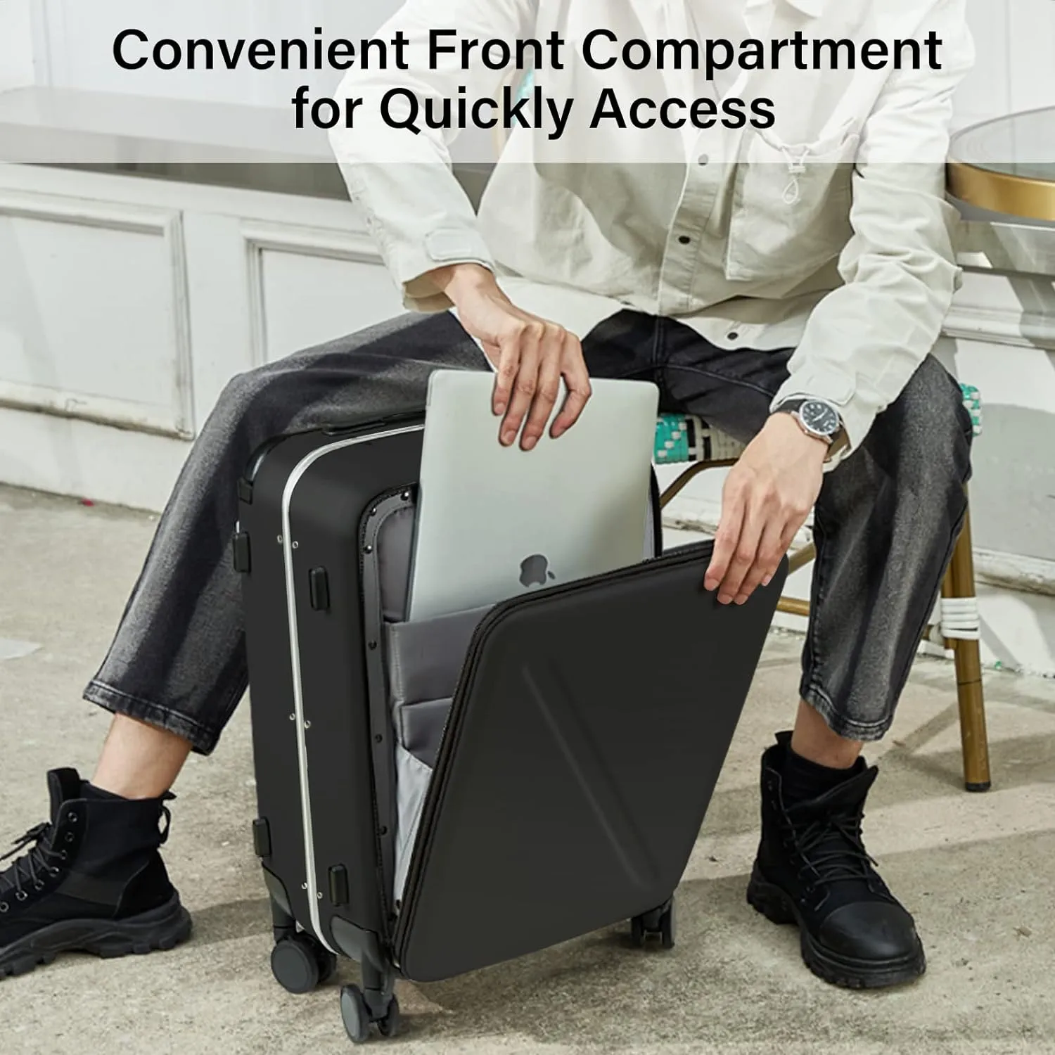 MILADA Luggage Hard Shell Suitcases Airline Approved Carry On Luggage 22x14x9 TSA Approved Luggage 20 Inch Front Opening Pocket Wide Handle Suitcase with Wheels Travel Luggage, Black