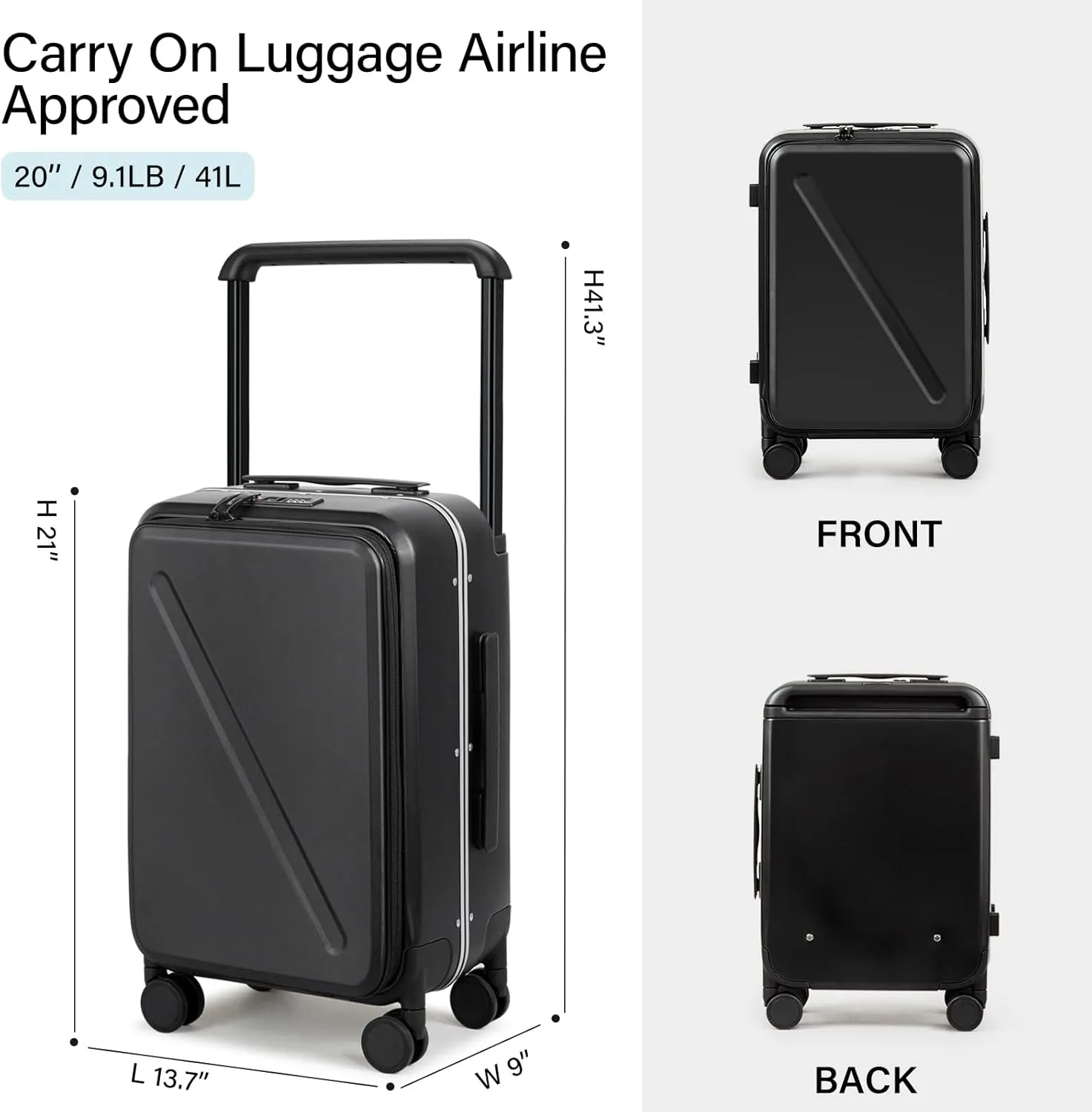 MILADA Luggage Hard Shell Suitcases Airline Approved Carry On Luggage 22x14x9 TSA Approved Luggage 20 Inch Front Opening Pocket Wide Handle Suitcase with Wheels Travel Luggage, Black