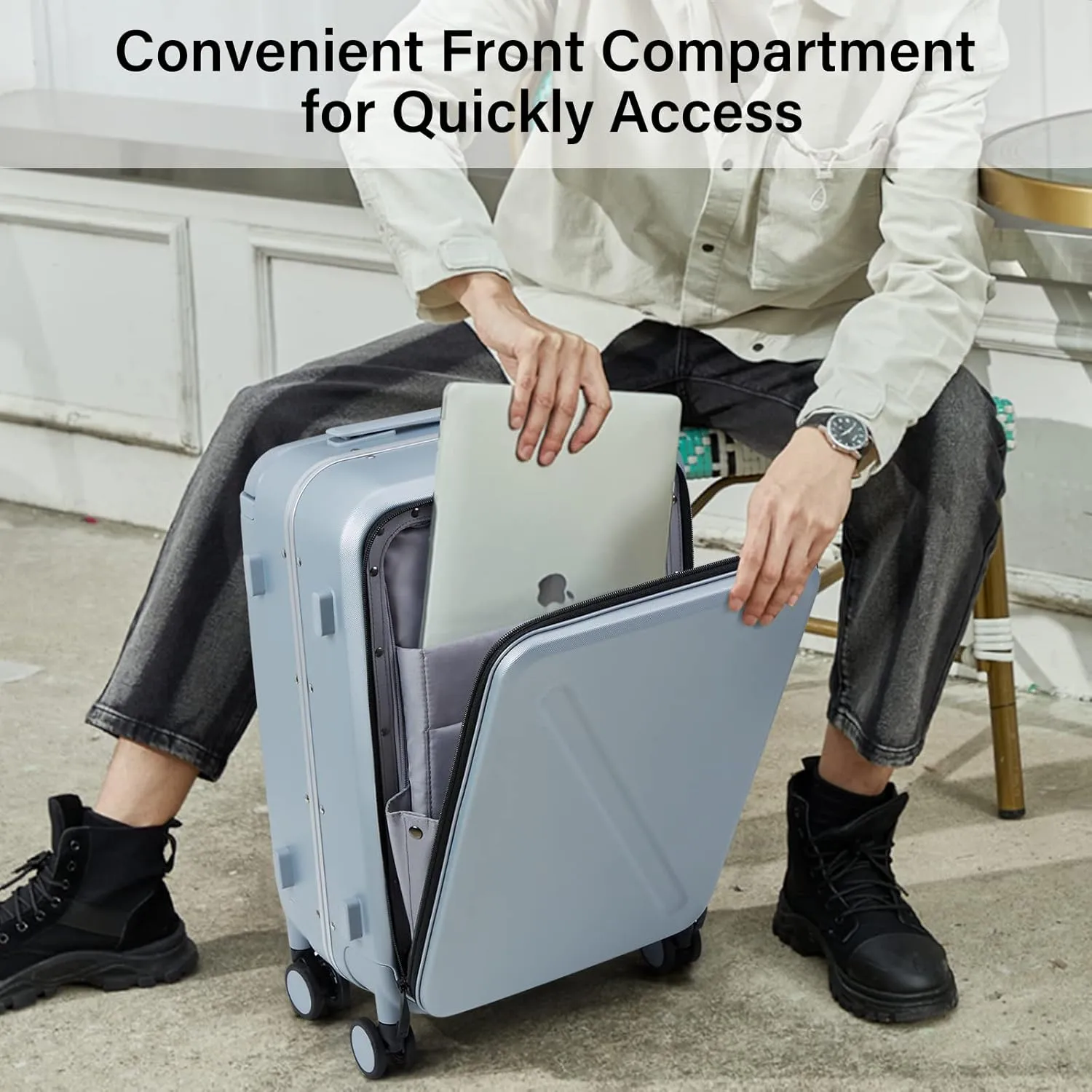 MILADA Luggage Hard Shell Suitcases Checked Luggage with Spinner Wheels 24 Inch Medium Size Front Opening Pocket Suitcases TSA Approved Luggage Travel Luggage with Wide Handle, Grey