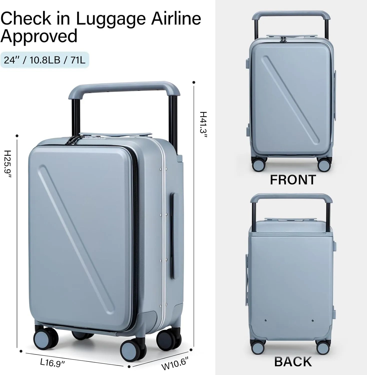 MILADA Luggage Hard Shell Suitcases Checked Luggage with Spinner Wheels 24 Inch Medium Size Front Opening Pocket Suitcases TSA Approved Luggage Travel Luggage with Wide Handle, Grey