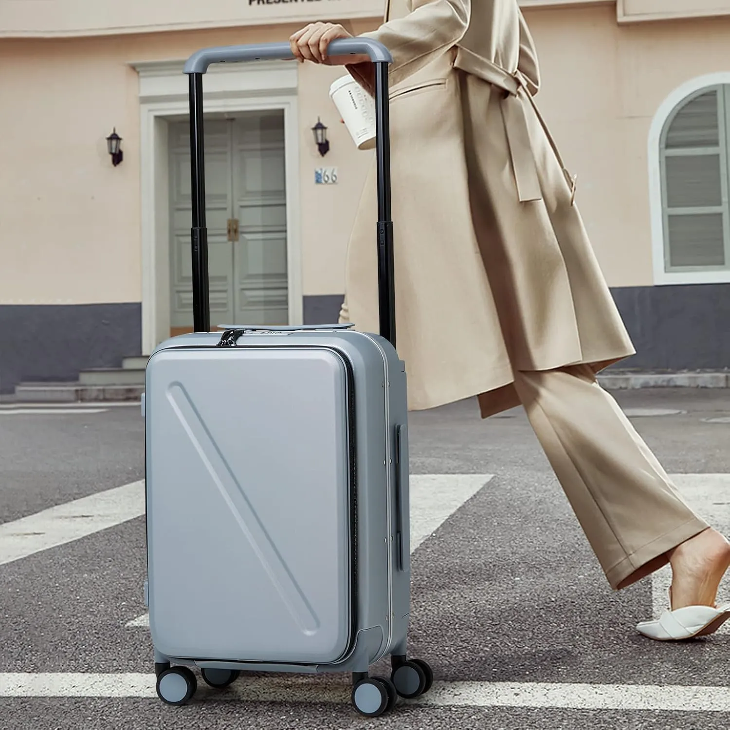 MILADA Luggage Hard Shell Suitcases Checked Luggage with Spinner Wheels 24 Inch Medium Size Front Opening Pocket Suitcases TSA Approved Luggage Travel Luggage with Wide Handle, Grey
