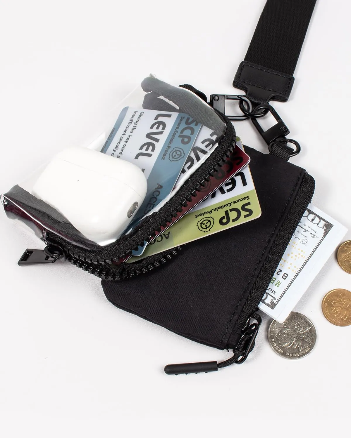 Mini Zip Keychain Wristlet Wallets Clear Dual Pouch Wristlet for AirPods Case Cover Coin Purse Pocket Preppy Cute Stuff Travel Essentials (Clear Black Black)