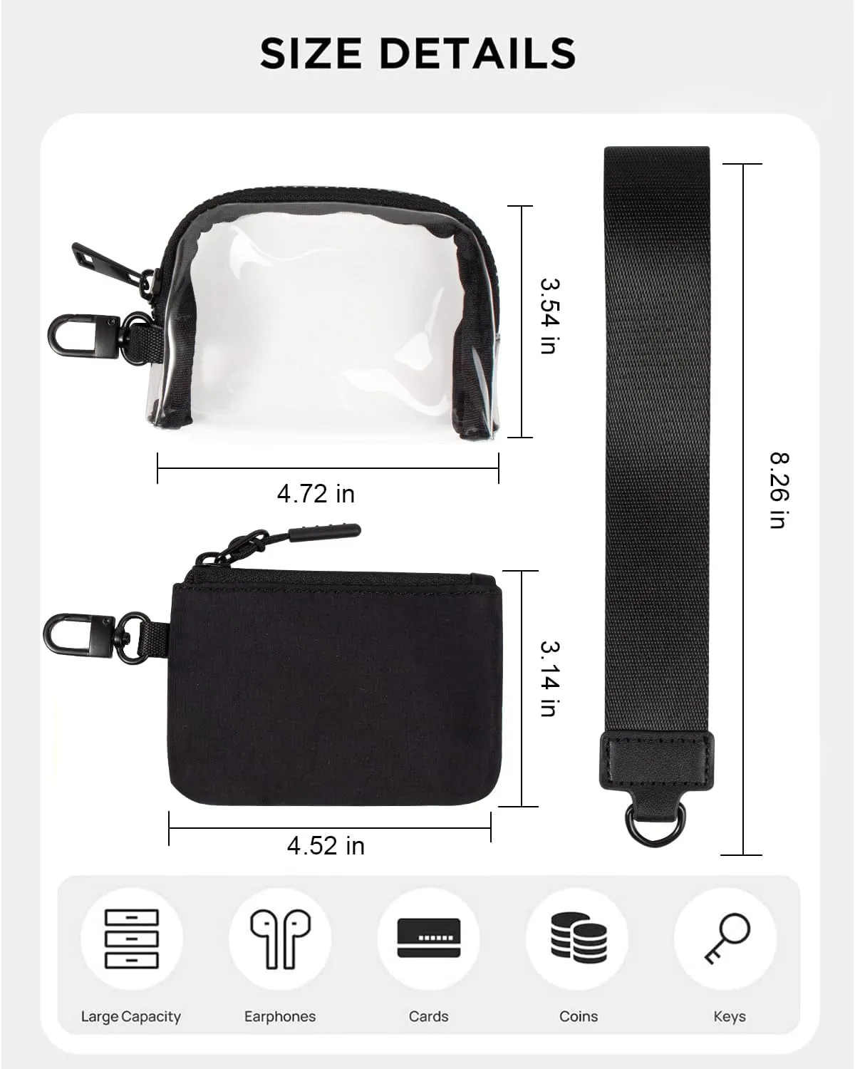 Mini Zip Keychain Wristlet Wallets Clear Dual Pouch Wristlet for AirPods Case Cover Coin Purse Pocket Preppy Cute Stuff Travel Essentials (Clear Black Black)