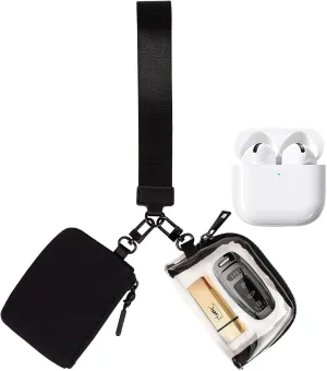 Mini Zip Keychain Wristlet Wallets Clear Dual Pouch Wristlet for AirPods Case Cover Coin Purse Pocket Preppy Cute Stuff Travel Essentials (Clear Black Black)