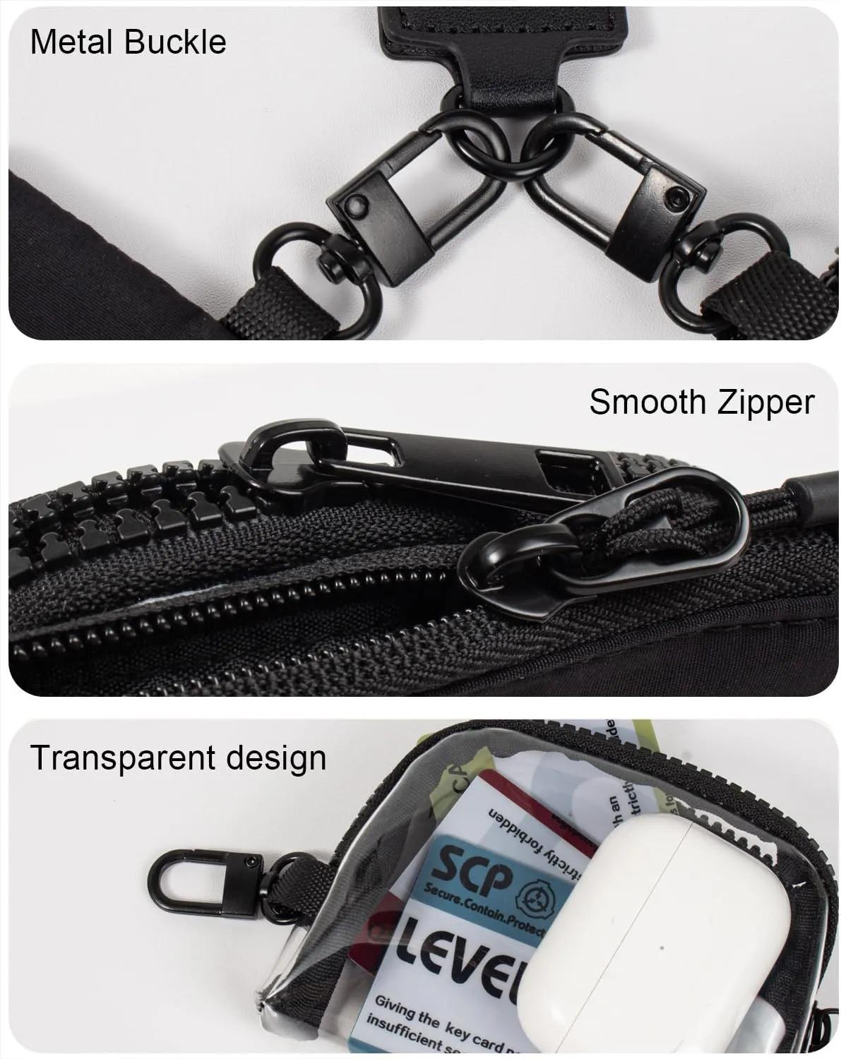 Mini Zip Keychain Wristlet Wallets Clear Dual Pouch Wristlet for AirPods Case Cover Coin Purse Pocket Preppy Cute Stuff Travel Essentials (Clear Black Black)
