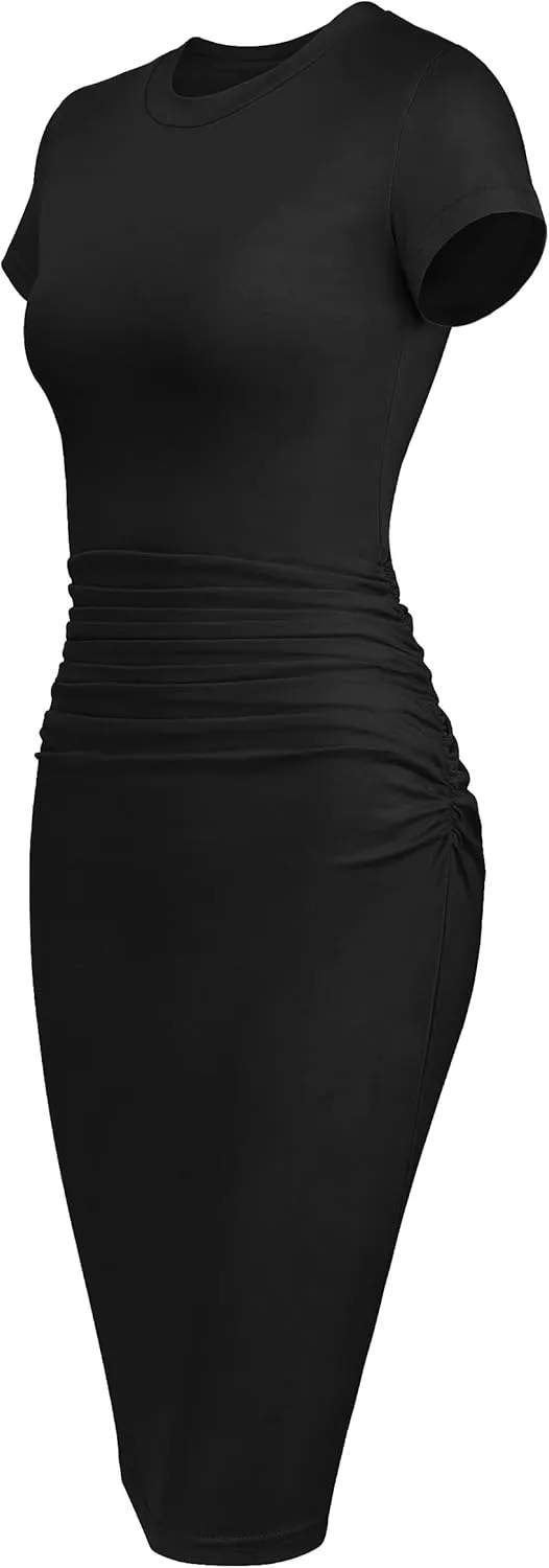 Missufeintl Women's Bodycon Ruched Short Sleeve T Shirt Midi Sundress Fitted Casual Dress
