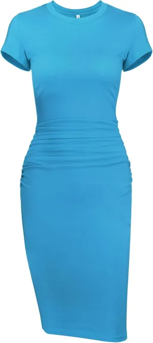 Missufeintl Women's Bodycon Ruched Short Sleeve T Shirt Midi Sundress Fitted Casual Dress
