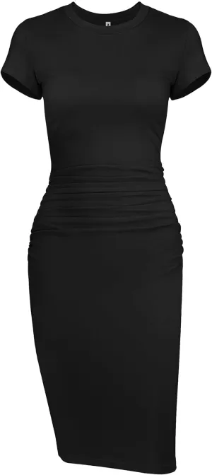 Missufeintl Women's Bodycon Ruched Short Sleeve T Shirt Midi Sundress Fitted Casual Dress