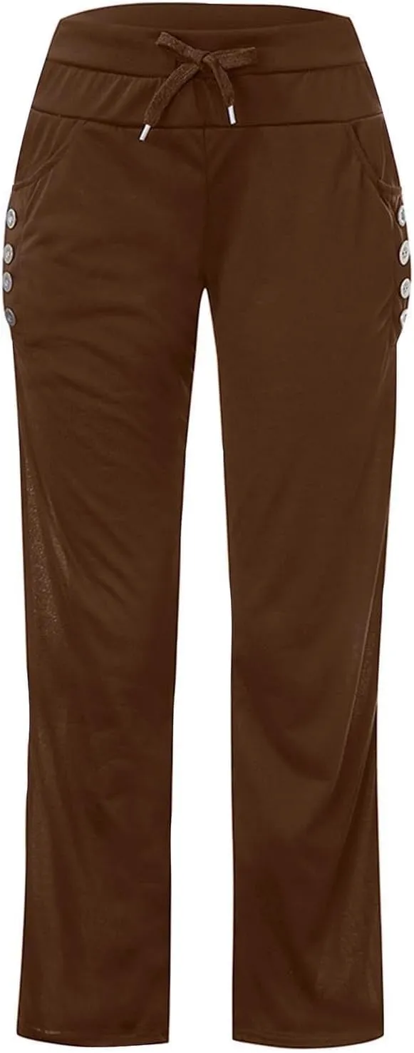 Miyaomn Women's Casual Solid Athletic Gym Trackpants with Buttons Pockets Comfy Fitted Elastic High Waist Open Bottom Joggers