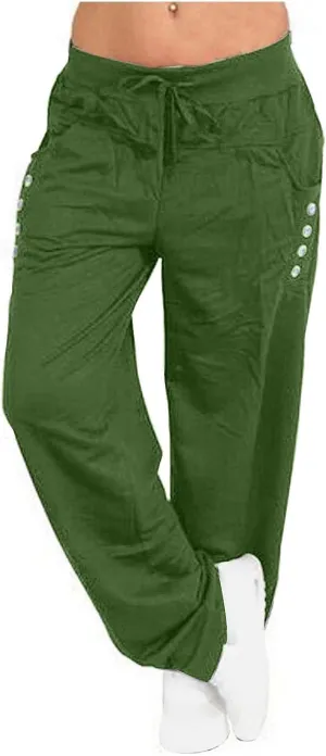 Miyaomn Women's Casual Solid Athletic Gym Trackpants with Buttons Pockets Comfy Fitted Elastic High Waist Open Bottom Joggers