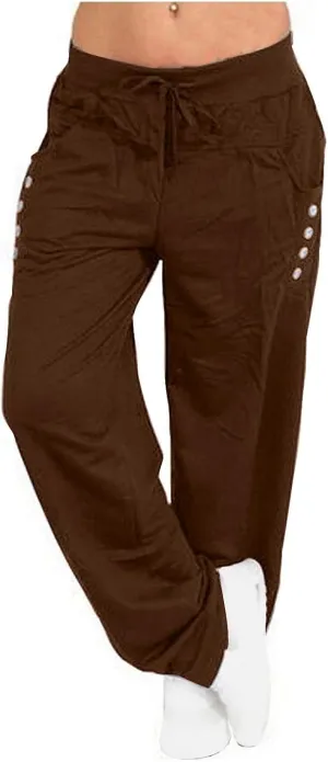 Miyaomn Women's Casual Solid Athletic Gym Trackpants with Buttons Pockets Comfy Fitted Elastic High Waist Open Bottom Joggers