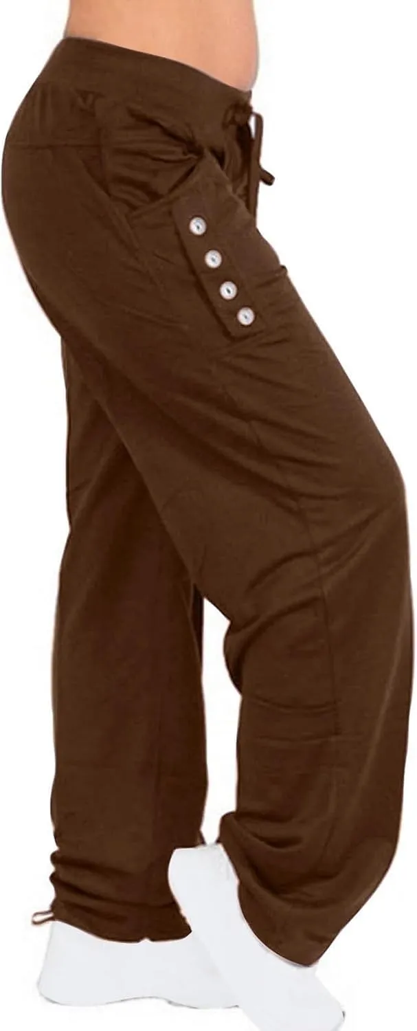 Miyaomn Women's Casual Solid Athletic Gym Trackpants with Buttons Pockets Comfy Fitted Elastic High Waist Open Bottom Joggers