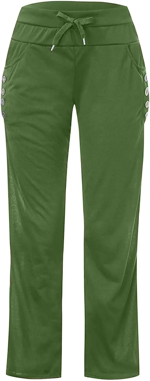 Miyaomn Women's Casual Solid Athletic Gym Trackpants with Buttons Pockets Comfy Fitted Elastic High Waist Open Bottom Joggers